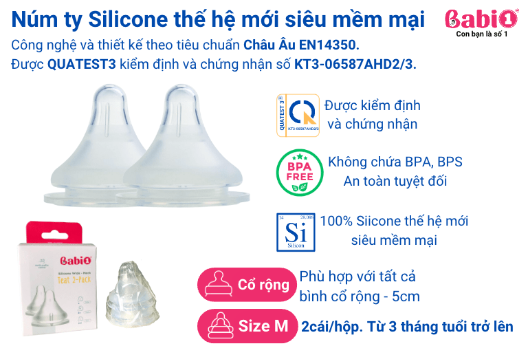 Núm ti chống sặc silicone thế hệ mới siêu mềm Babi1