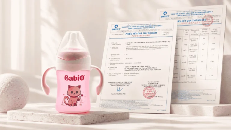 Bình sữa thủy tinh bọc silicone Babi1 kèm phiếu kết quả thử nghiệm QUATEST 3