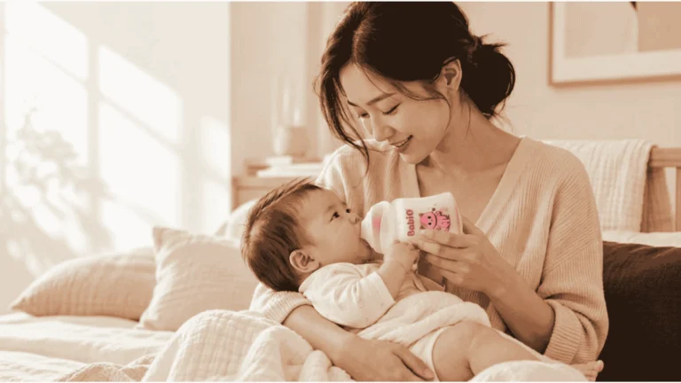 Mẹ chăm sóc cho bé bú bình sữa thủy tinh bọc silicone Babi1 cao cấp