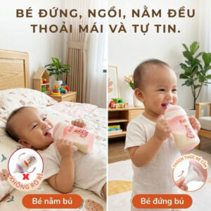 Bé tự tin cầm bú bình sữa thủy tinh Babi1 180ml với thiết kế tay cầm công thái học chống sặc