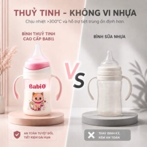 So sánh bình sữa thủy tinh Babi1 không vi nhựa chịu nhiệt trên 300°C và bình sữa nhựa thông thường