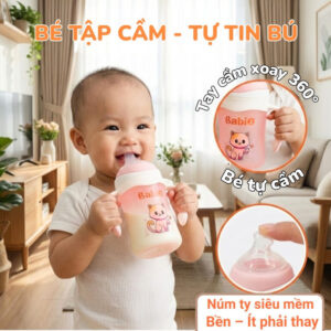 bình sữa thủy tinh Babi1 240ml có tay cầm xoay 360 độ hỗ trợ bé tập cầm bú