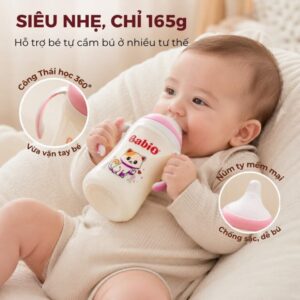 Bé tự cầm bú bình sữa thủy tinh Babi1 siêu nhẹ 165g công thái học 360 độ
